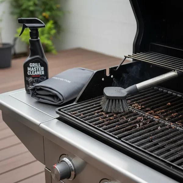 Essential electric grill cleaning tools including a bristle-free brush, scraper, and grill cover.