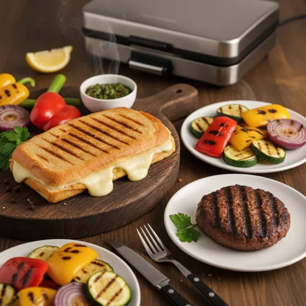 An assortment of delicious foods cooked on an electric contact grill, including paninis, burgers, and grilled vegetables.
