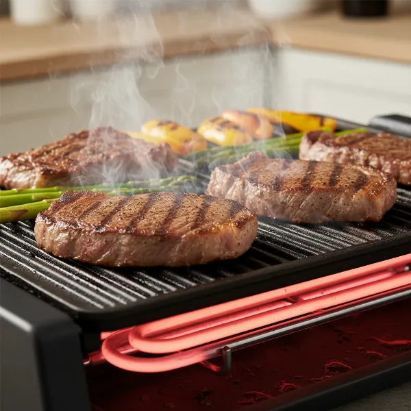 Close-up of food cooking on an electric grill with visible grill marks and high heat