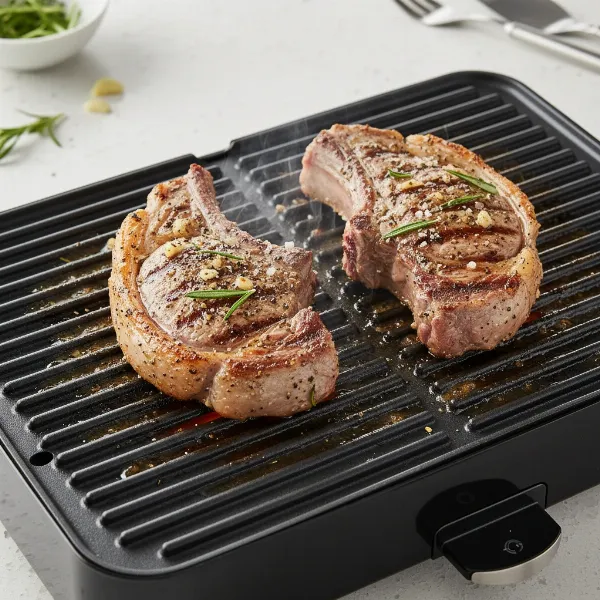 Close-up of lamb chops cooking on an indoor electric grill, showing sear marks.