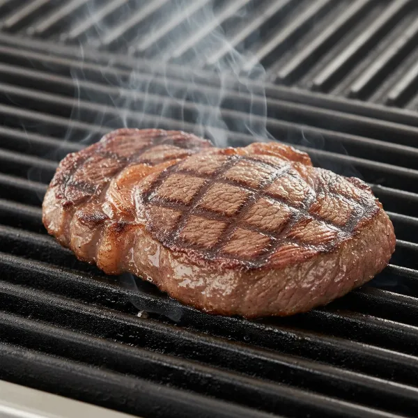 A perfectly seared steak with beautiful grill marks on an electric grill, juicy and flavorful.