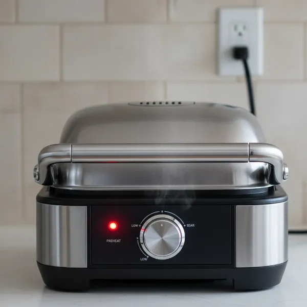 An electric grill with its lid closed, indicator light on, showing it's preheating.