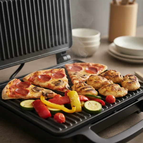 Close-up of an electric grill with various leftovers being reheated, including chicken, pizza, and vegetables