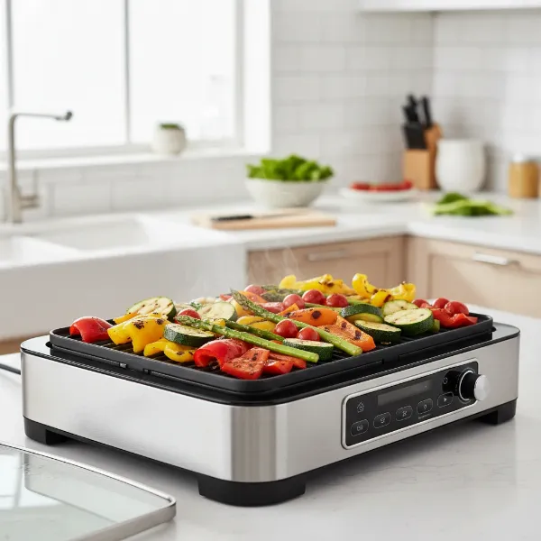 Electric grill cooking colorful vegetables for a healthy vegetarian meal indoors.