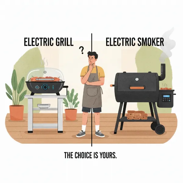 A person thoughtfully choosing between an electric grill and an electric smoker for cooking needs