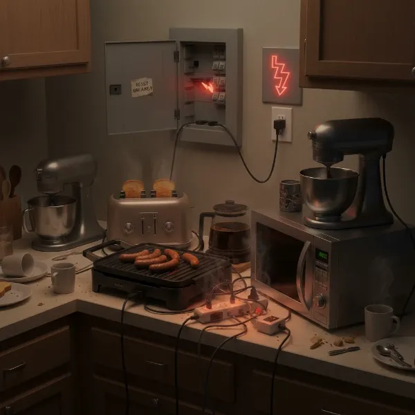 Illustration of an overloaded kitchen circuit with multiple appliances plugged in causing a breaker trip.