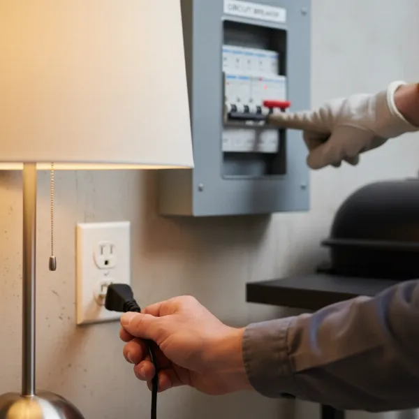Hands checking an electrical outlet and a circuit breaker panel for power issues