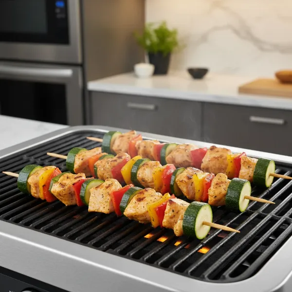 Chicken, peppers, and zucchini perfectly seared on an electric grill, demonstrating ideal non-stick cooking.