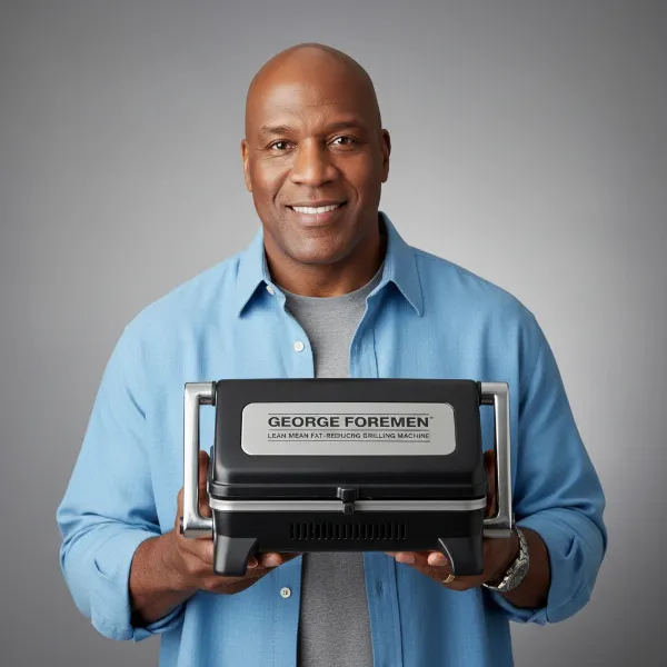 George Foreman, smiling, holding his iconic electric grill, promoting healthy cooking.