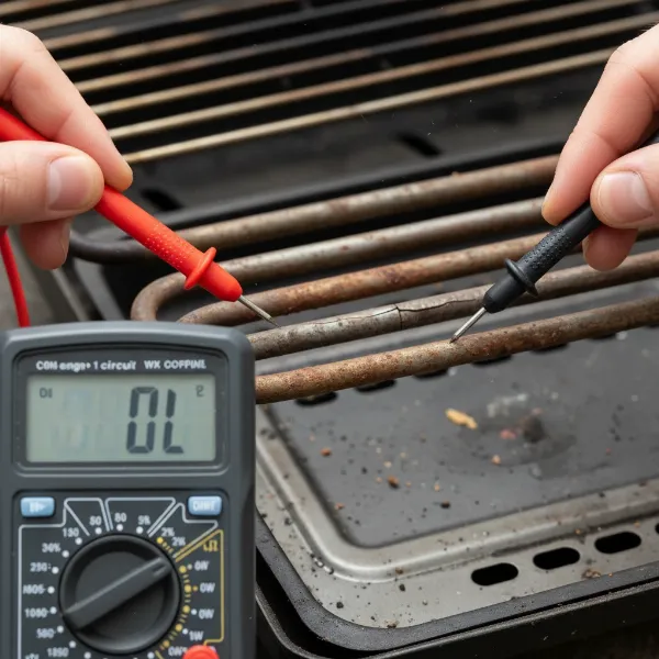Person testing a faulty electric grill heating element with a digital multimeter for resistance
