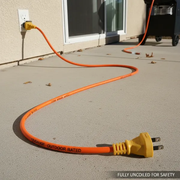 Heavy-duty, outdoor-rated extension cord for an electric grill, fully uncoiled.
