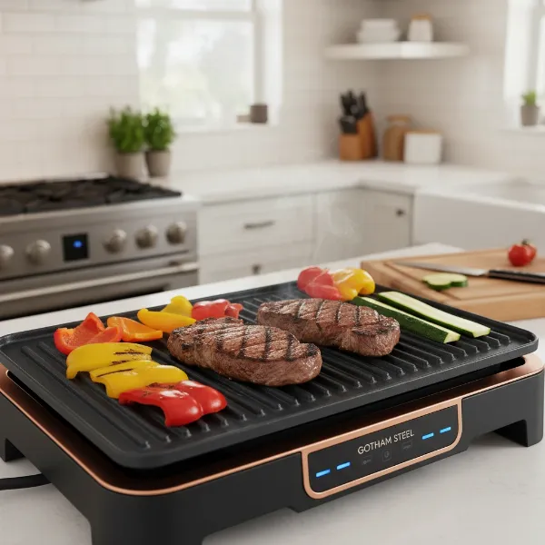Steak and vegetables grilling on Gotham Steel smokeless grill, with minimal visible smoke.