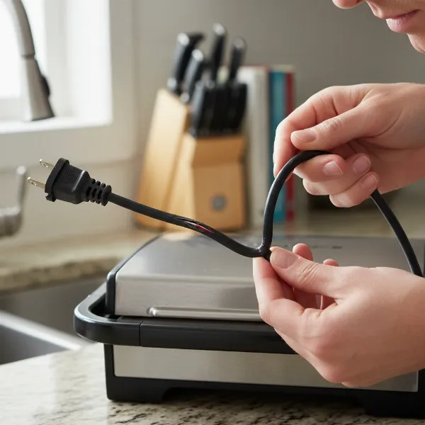 A person carefully inspecting the power cord of an electric grill for any signs of fraying or damage.