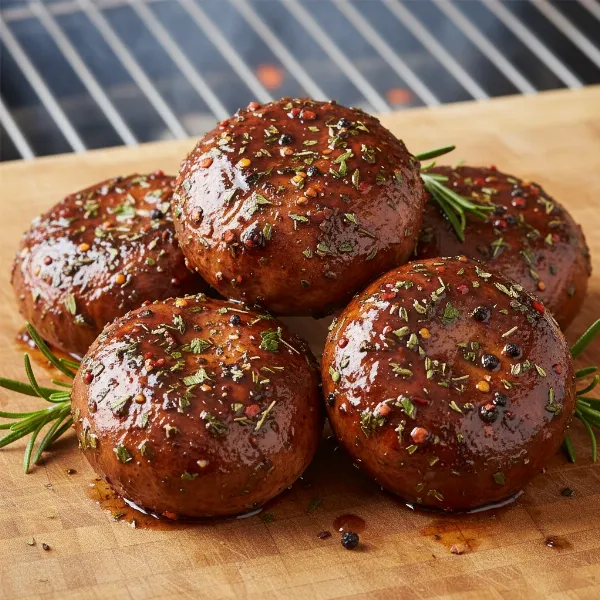 Delicious marinated portobello mushrooms ready for grilling on an outdoor barbecue.