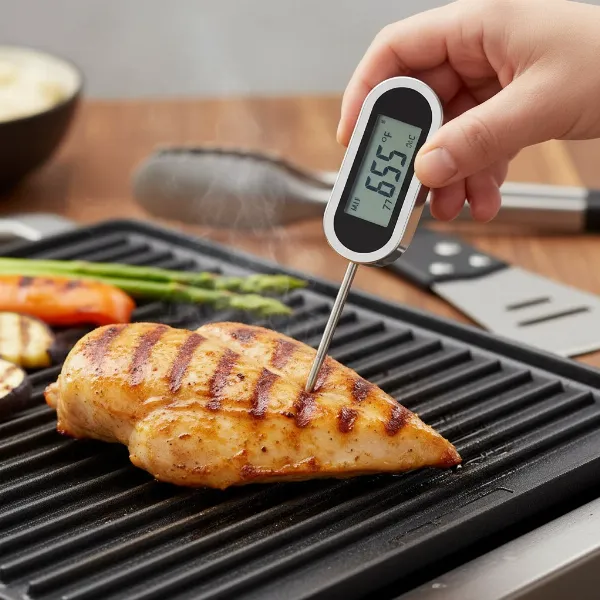 Hand holding a digital meat thermometer checking internal temperature of reheated chicken on electric grill