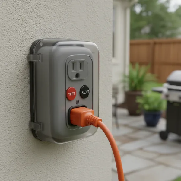 GFCI outlet in an outdoor setting, ensuring electrical safety for outdoor appliance use.