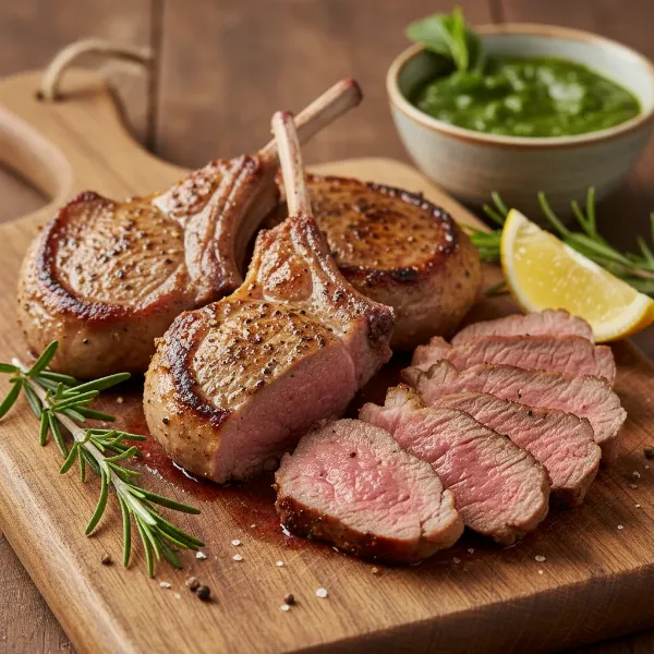 Perfectly grilled and rested lamb chops, sliced, garnished with herbs on a cutting board.