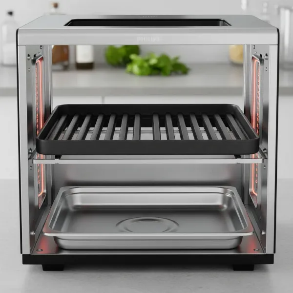 Philips Smoke-Less Infrared Grill showing side infrared heating elements and cool drip tray.