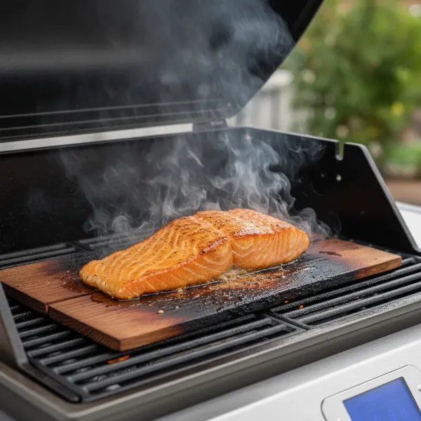 Salmon fillet cooking on a cedar plank on an electric grill, infusing smoky flavor