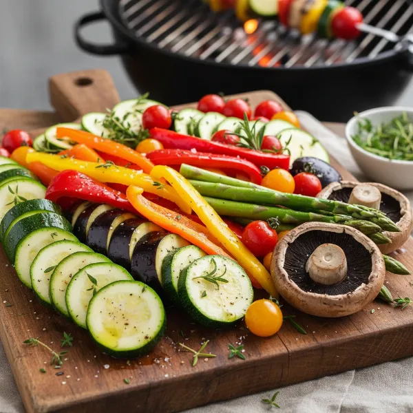 Assortment of colorful, marinated vegetables prepped for electric grilling.