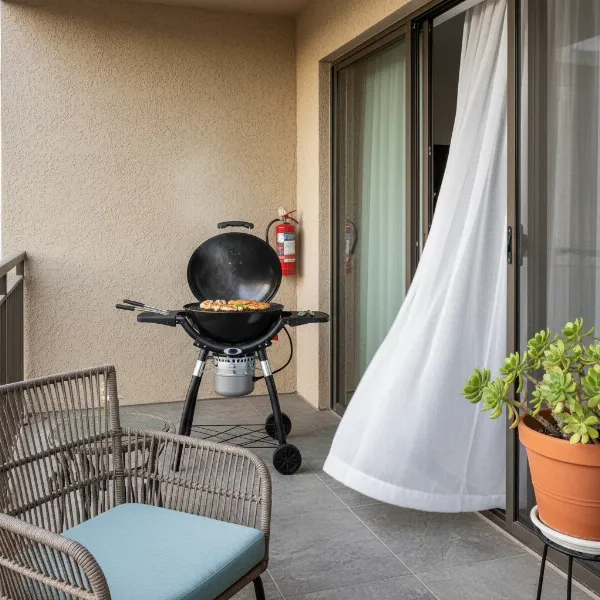 An electric grill placed safely away from combustible items on an apartment balcony, demonstrating fire safety.