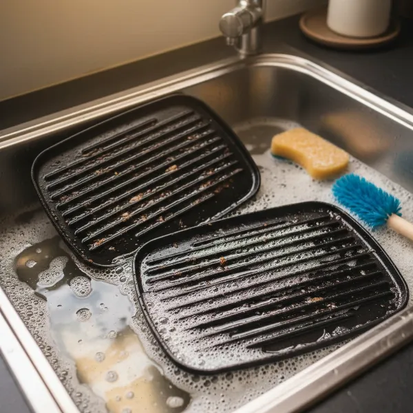Removable electric grill plates soaking in a kitchen sink with warm, soapy water to soften food residue.