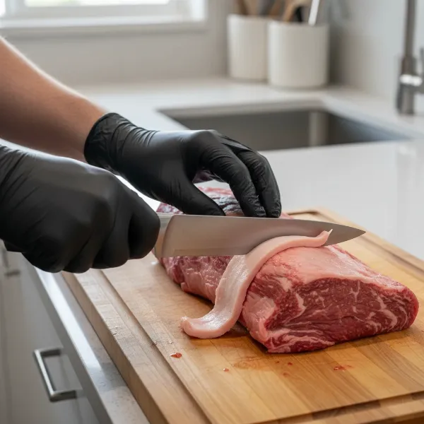 Hands using a knife to carefully trim visible excess fat from a raw cut of red meat.