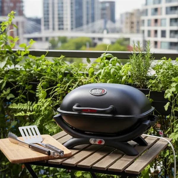 Weber Q1400 electric grill cooking on a small apartment balcony with food
