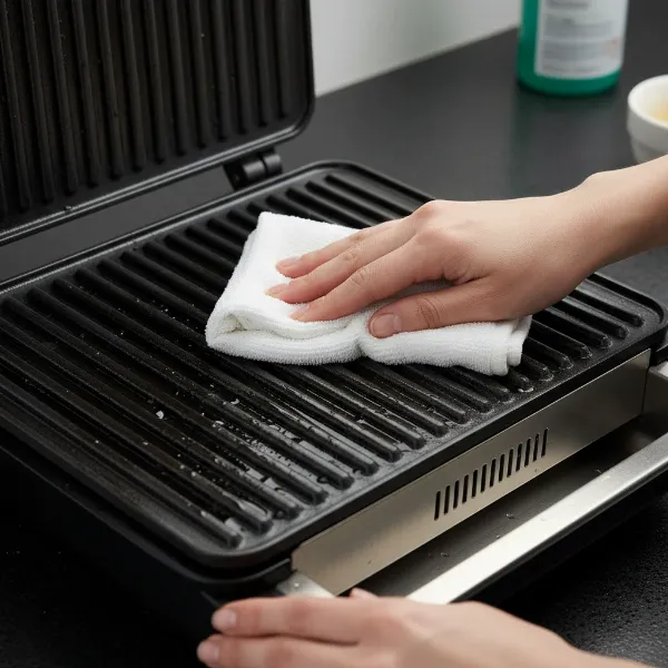 A person carefully wiping down the interior, non-removable plates of an electric grill with a soft cloth after cleaning.